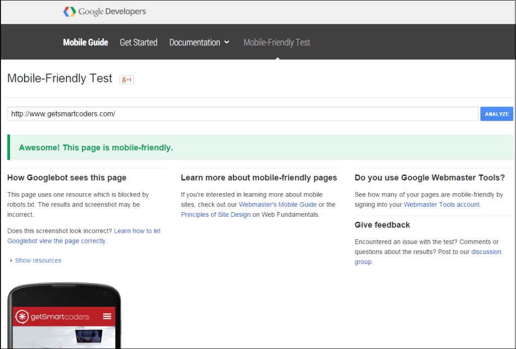 google mobile friendly test